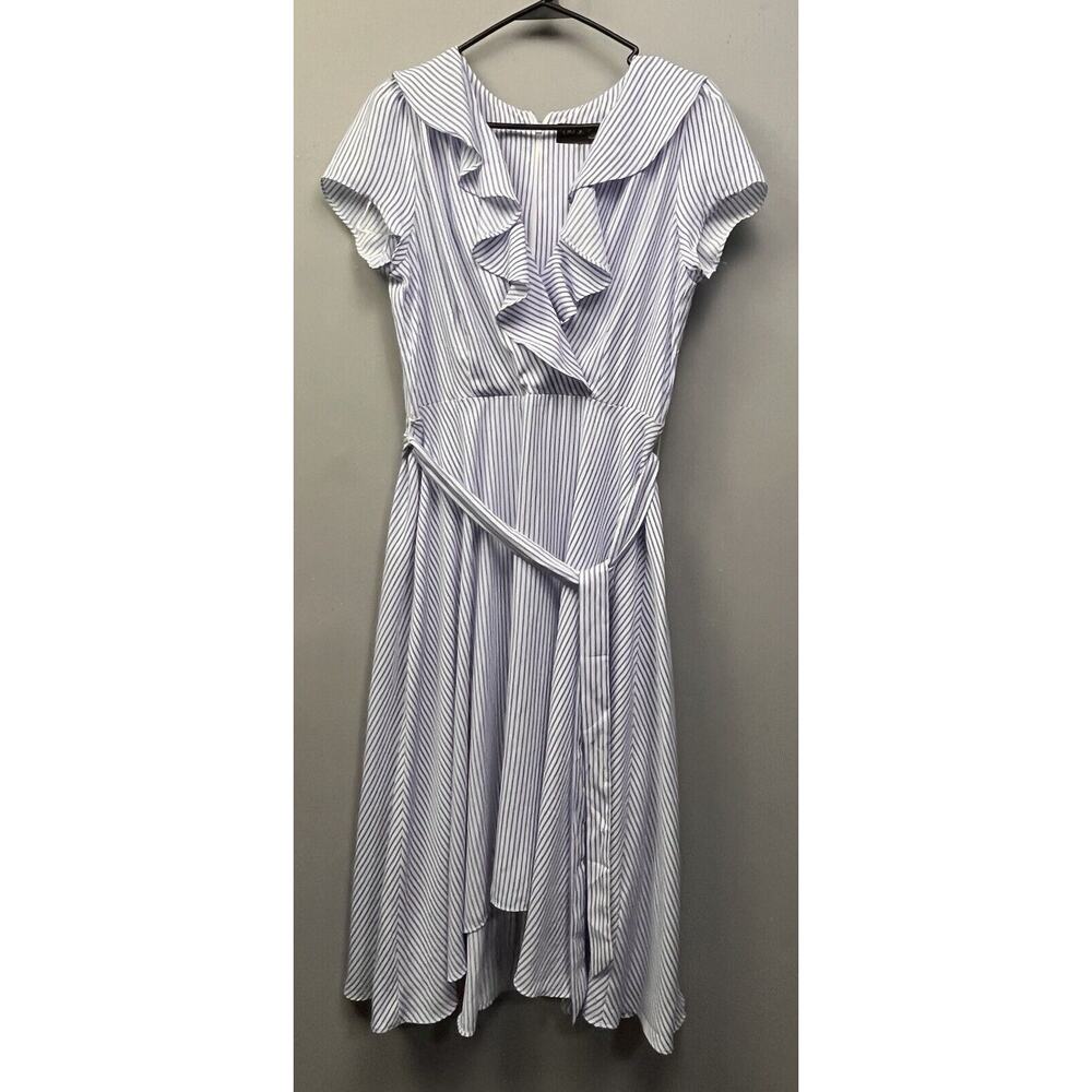 DN Design Dress‎ Womens size 12 Blue White striped Belted Ruffles V Neck